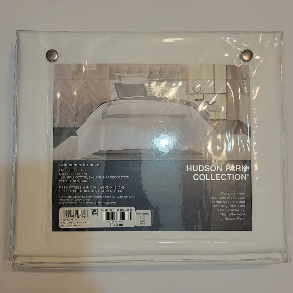 Hudson Park 500TC Sateen Duvet Cover Twin Pima Cotton White Blue Embroidery