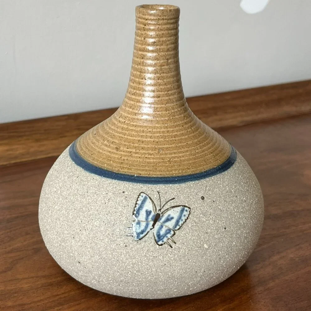 Vintage Tecpatl Art Pottery Mexican Bud Vase Blue Butterfly 6