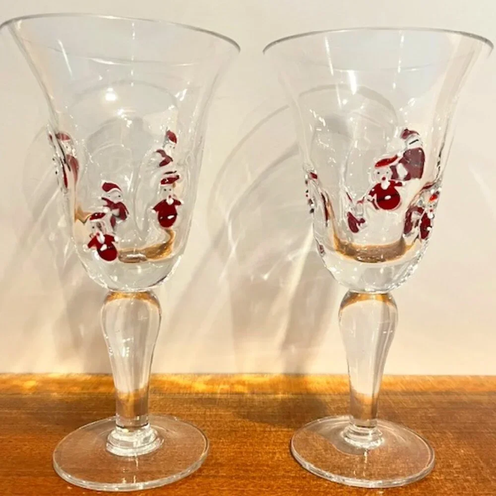 Set of (2) Crate & Barrel 8oz Blown Glass Fused Santa Wine Goblets Glasses