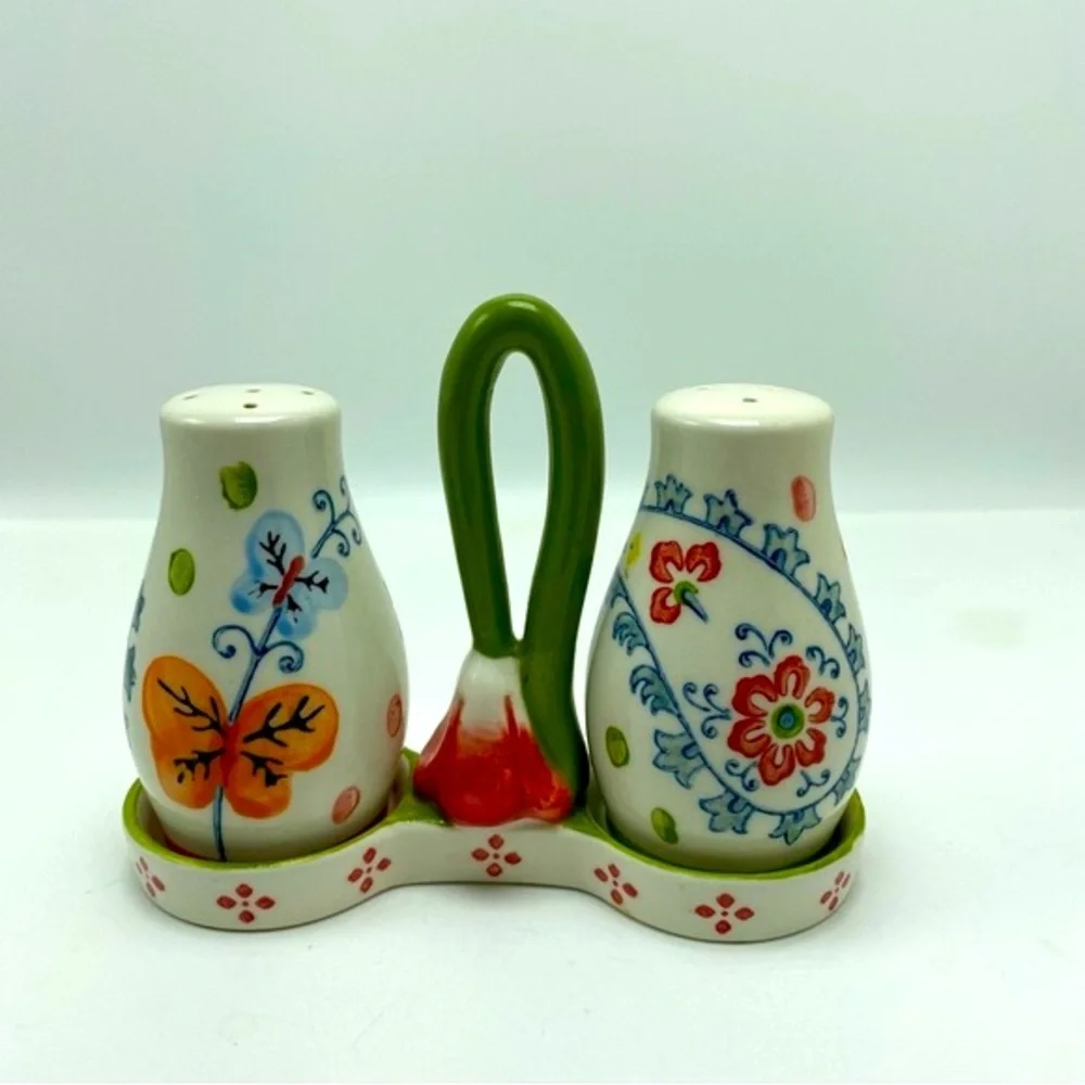 Pier One Salt & Pepper Shakers With Flower Caddy