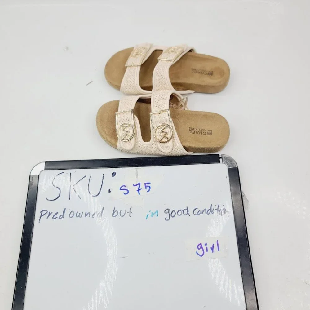 Michael Kors Girl's Beige Tan Zoria Double Strap Logo Slip-On Slide Sandal 12