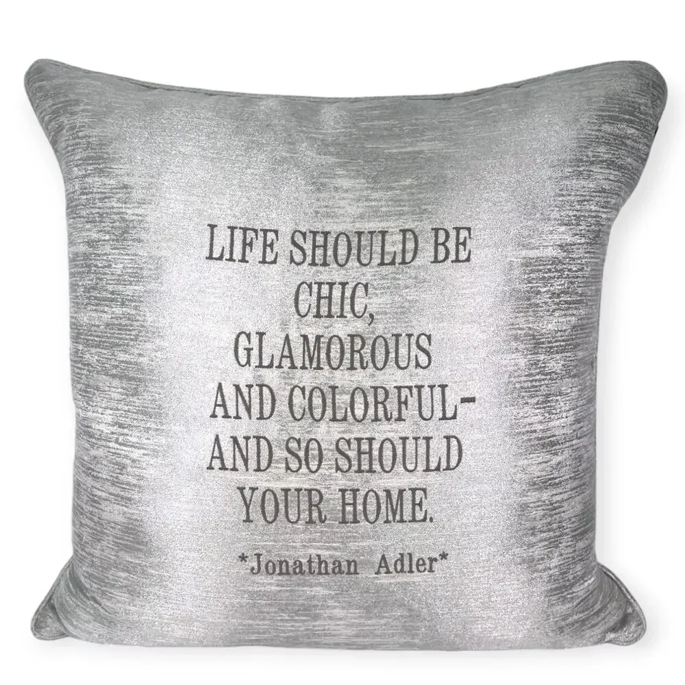 LUXURY Designer Johnathan Adler Throw Pillow Accent Embroidered Chic Silver 24