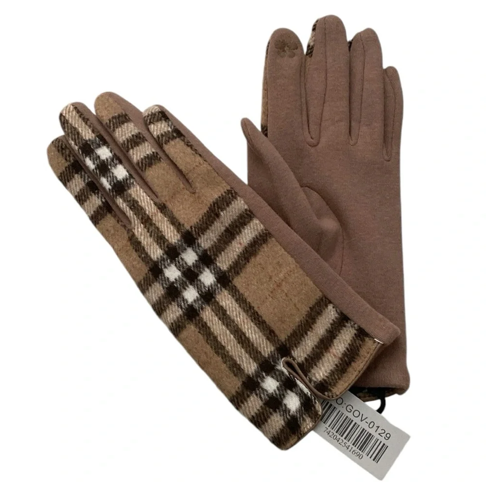 Cotton Blend Taupe Brown Striped Fashion Gloves