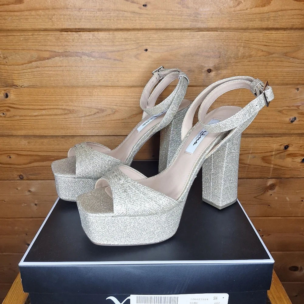 ❤️ NWB Nina Dorcas sandals platform gold shimmer chunky heel square toe Size 6.5