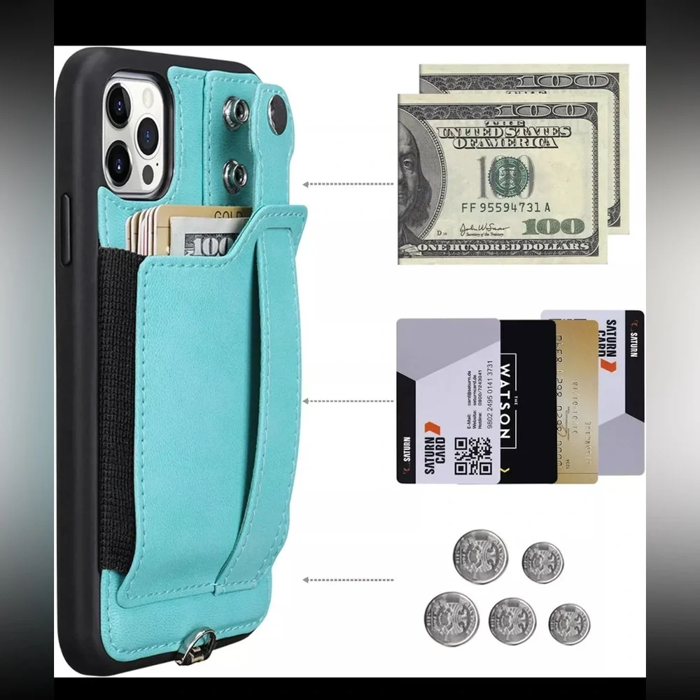 TOOVREN iPhone 12/12 Pro Case with Strap, with Card Holder Green