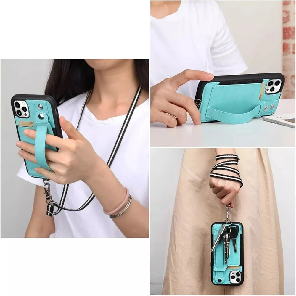 TOOVREN iPhone 12/12 Pro Case with Strap, with Card Holder Green