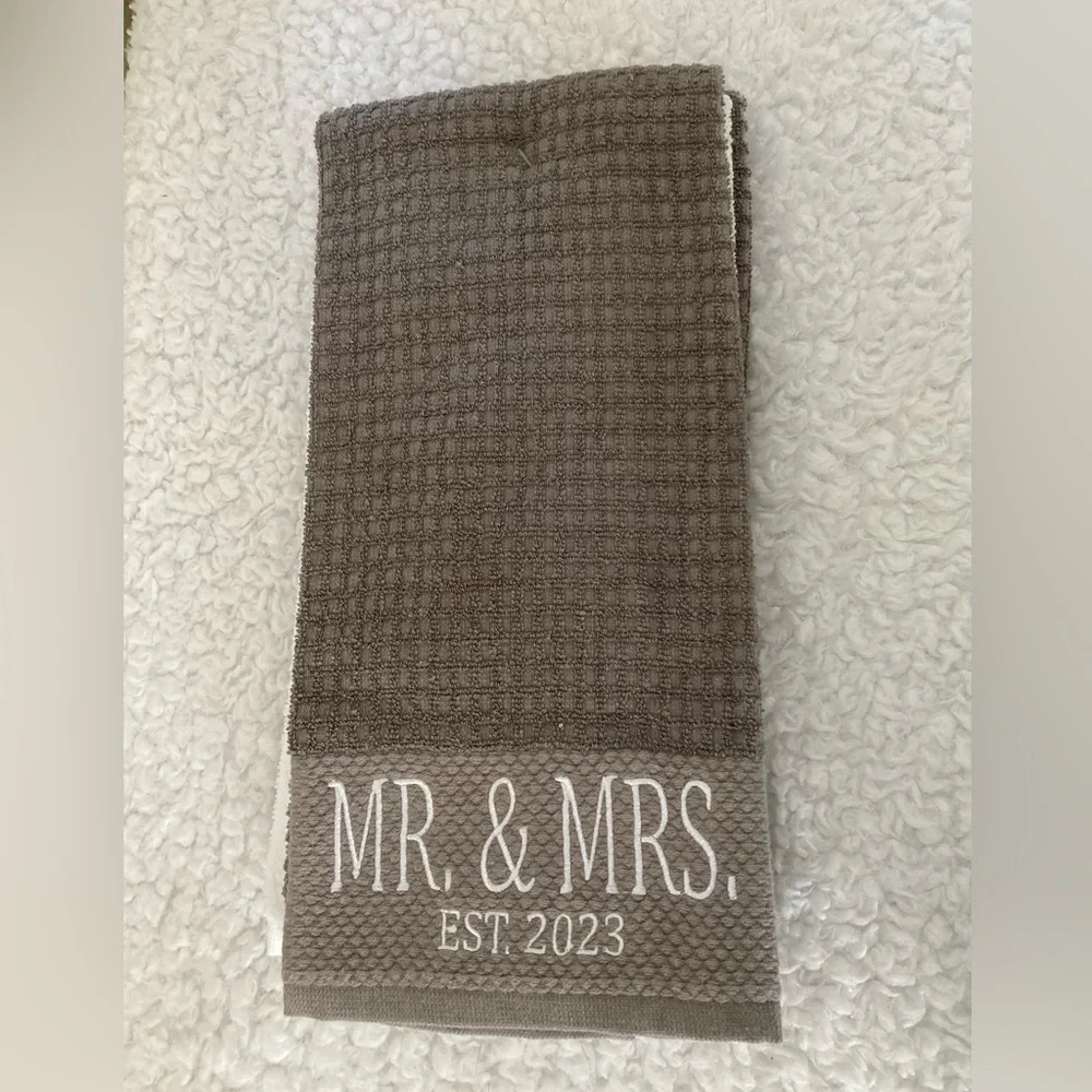 Mr. & Mrs. 2023 grey and white Deborah Connolly hand towels, set of 3
