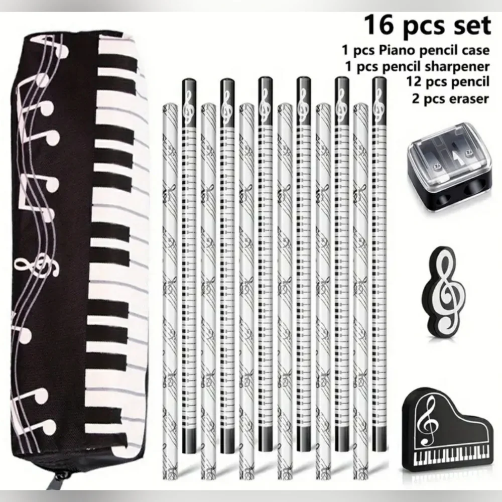 NEW Piano Music Black and White 16-Pc Pencil Set with Case