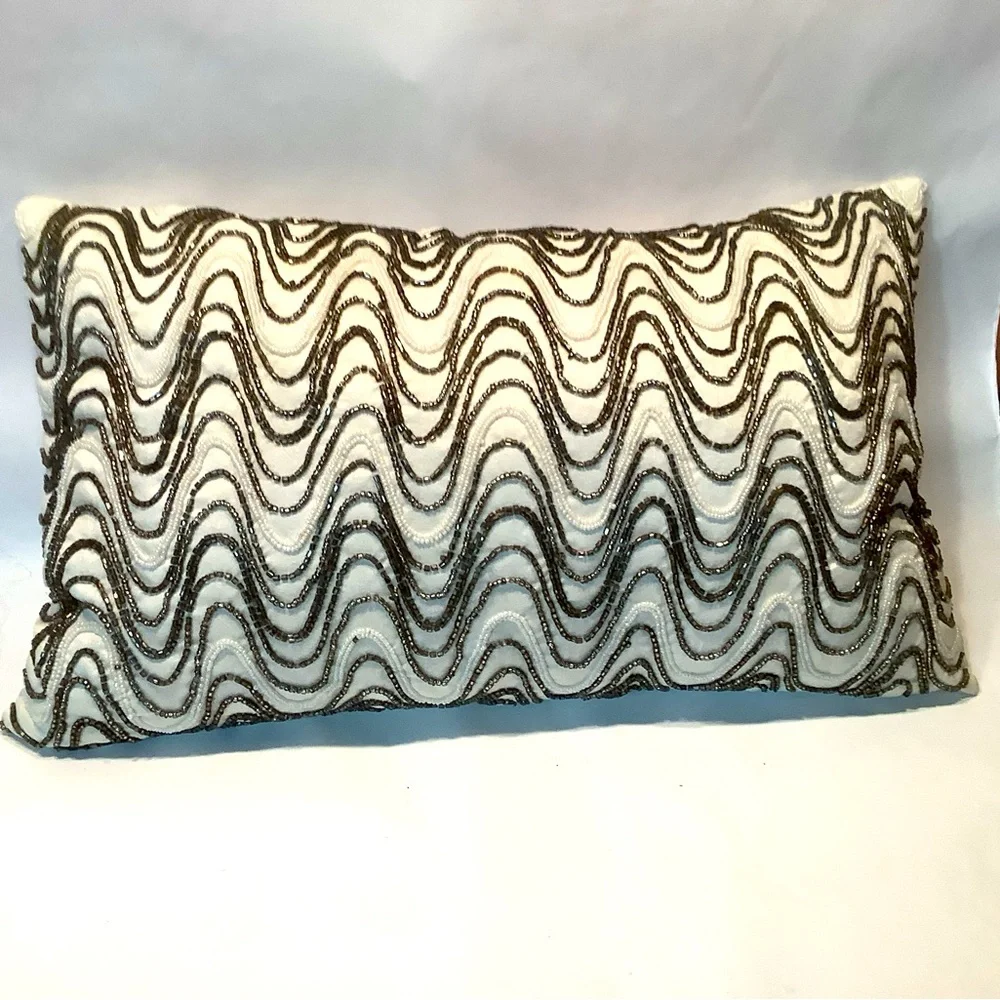Pier 1 Beaded Throw Pillow Metallic Cream Bronze Wave Satin Back 20