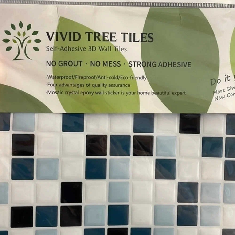 SELF-ADHESIVE 3D wall tiles. New in package.  10x10. 6 tiles. White, blue, black