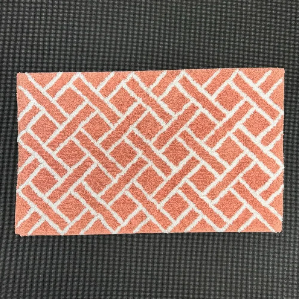 Ralph Lauren 21 x 34 Coral Orange White Bath Mat Rug Geometric Striped Cotton