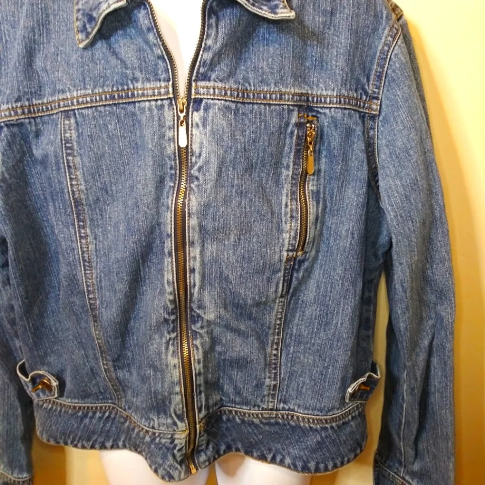 American Girl Pink Floral Appliqued Zip Front Denim Jacket
