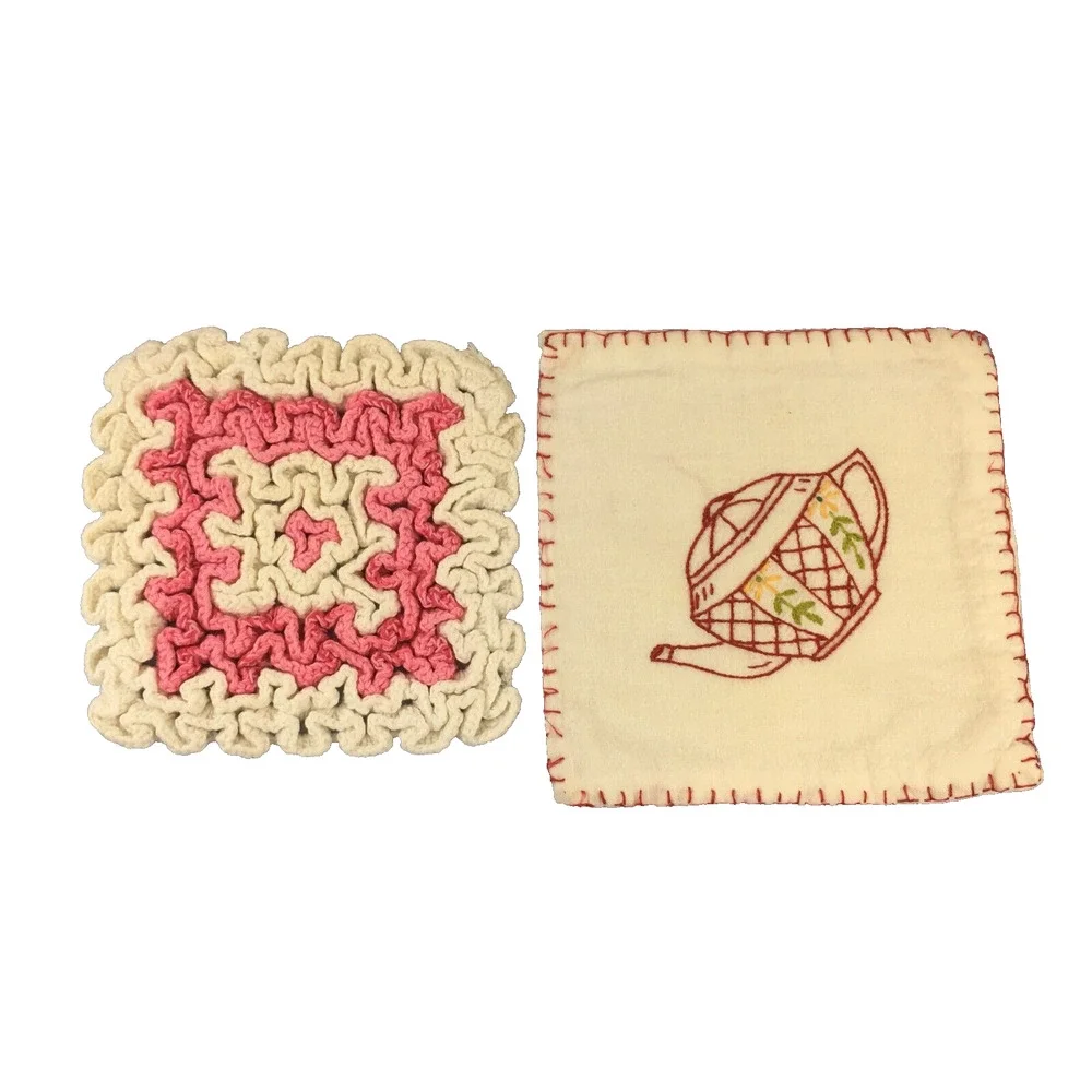 Potholders Hot Pads teapot Pink White country cottage core MCM lot of 2