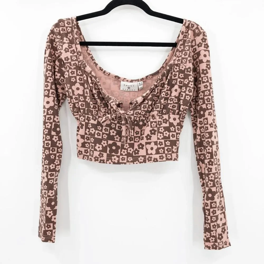 NWT Urban Outfitters Daisy Street Pink Brown Floral Long Sleeve Crop Top Size M