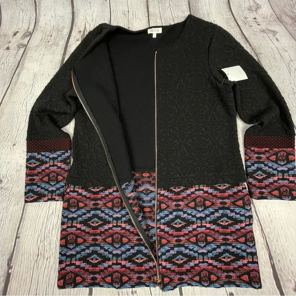WESTON long black cardigan jacket with zipper and embroidered trim NWT, size M