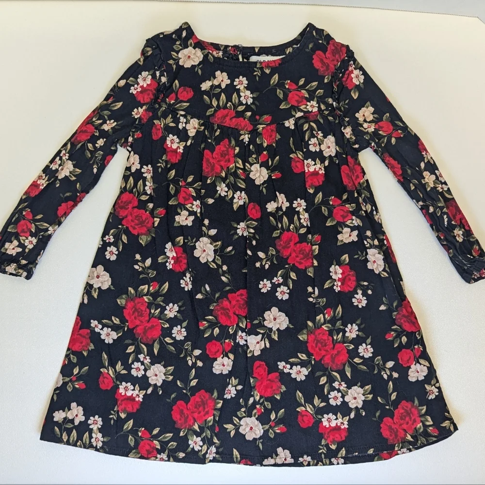 Old Navy Black and Red Floral Blossom Dress Long Sleeve 3T