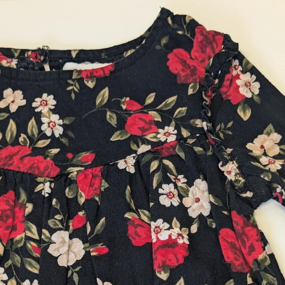 Old Navy Black and Red Floral Blossom Dress Long Sleeve 3T