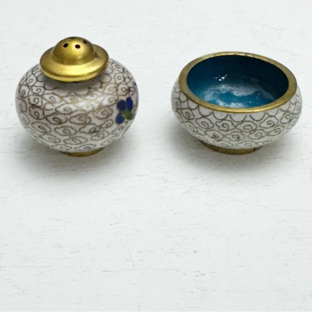 Blue Floral Cloisonné Salt and Pepper Shaker Cellar Vintage Stackable Brass