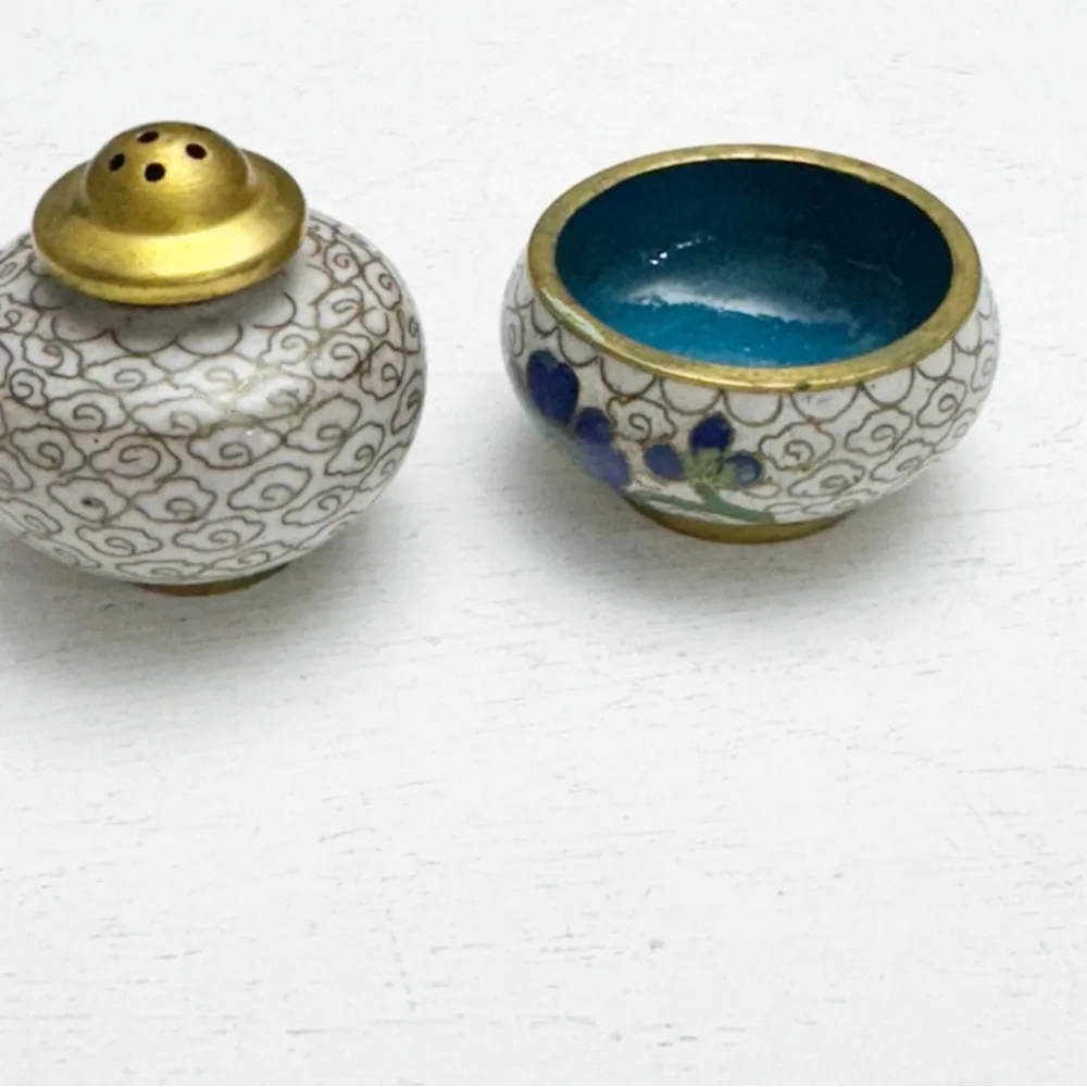 Blue Floral Cloisonné Salt and Pepper Shaker Cellar Vintage Stackable Brass