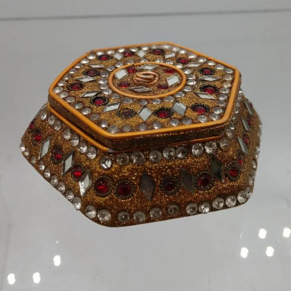 Vintage Jeweled Mirrored Trinket Box with Brass Accents and Red Embellishments