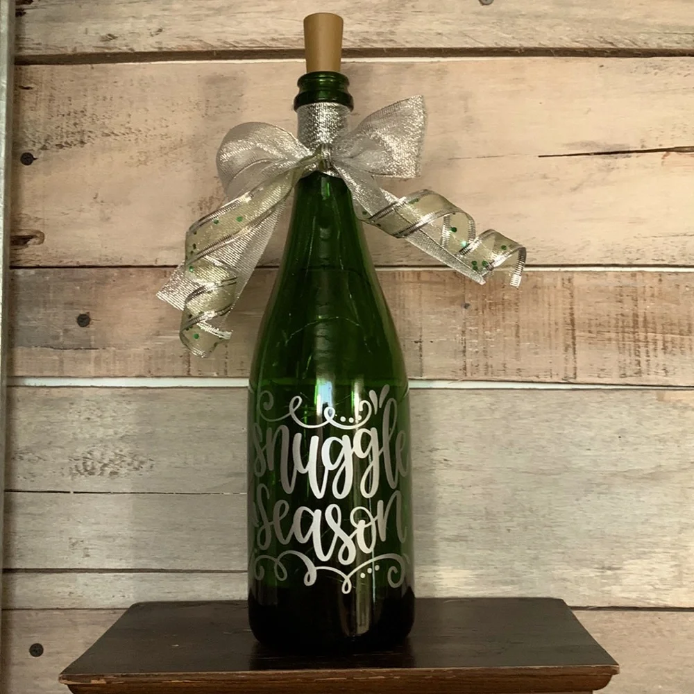 Hand Crafted- ‘Snuggle Season’ green wine bottle lantern