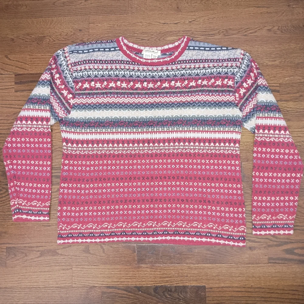 Womens Eddie Bauer Red Blue Beige Fair Isle Sweater Size Large Made in USA