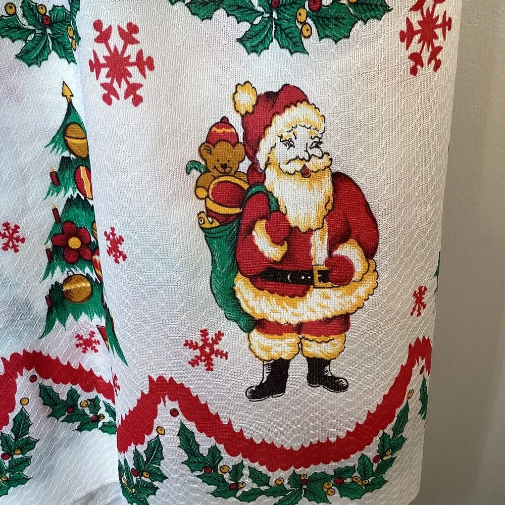 Christmas Table Cloth Vtg Santa Poinsettia Tree Candles 126” X 64”