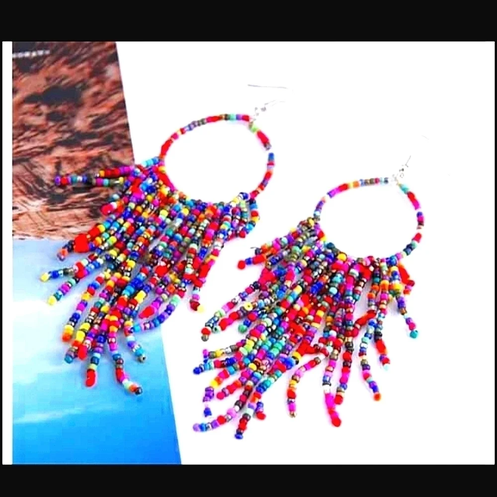 NEW BOHO COLORFUL WESTERN TRIBAL AZTEC MULTI BEADED HANGING EARRINGS