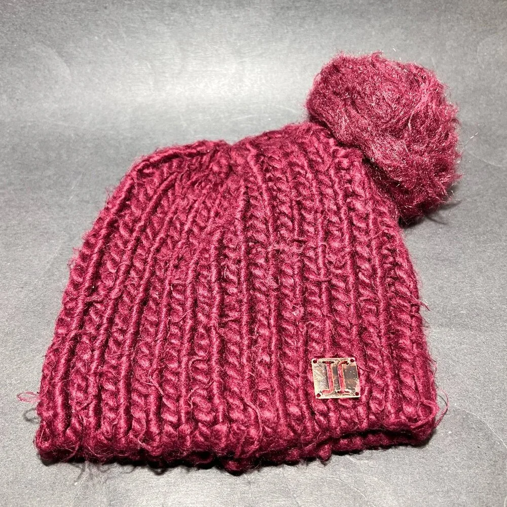 Justice Youth Maroon Knit Beanie Hat Faux Fur Pom Ski Snow Winter Girls Outdoor