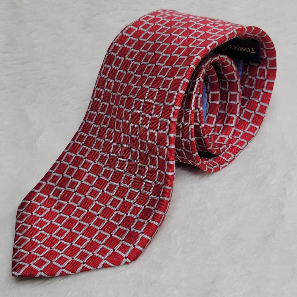 Vintage 90s Tommy Hilfiger 100% Silk Red Geometric Print Preppy Classic Neck Tie