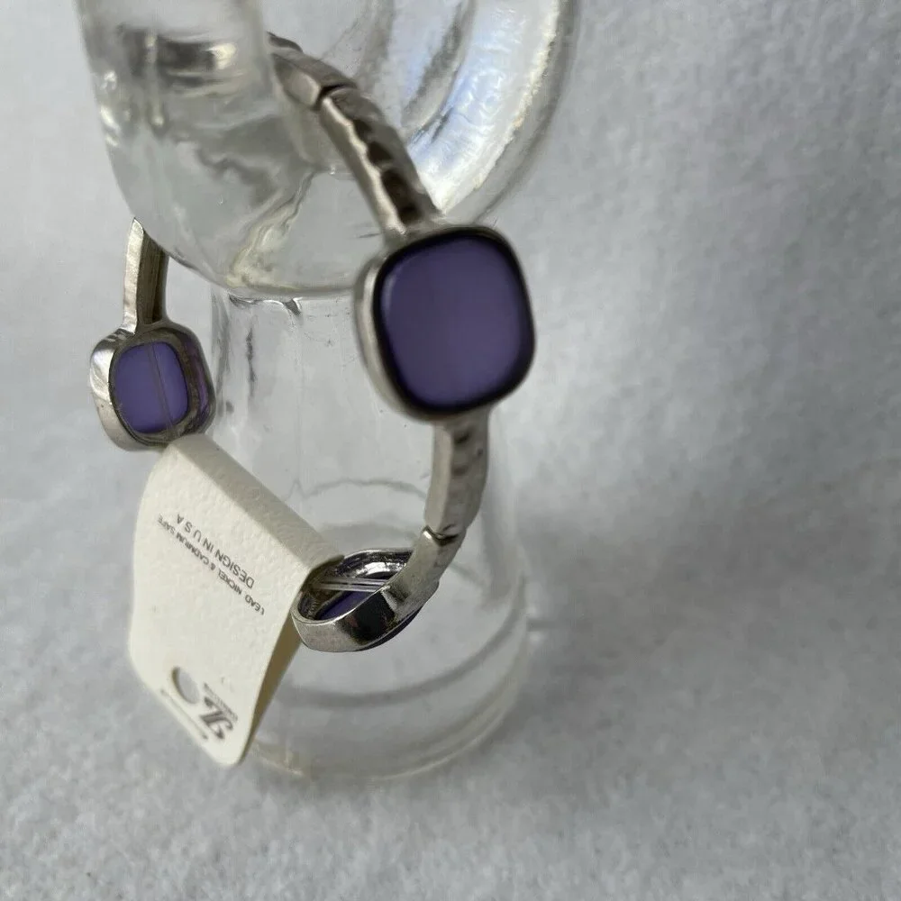 JL Designs Purple Silvertone Stretch Bracelet Rectangle Bangle Costume Jewelry