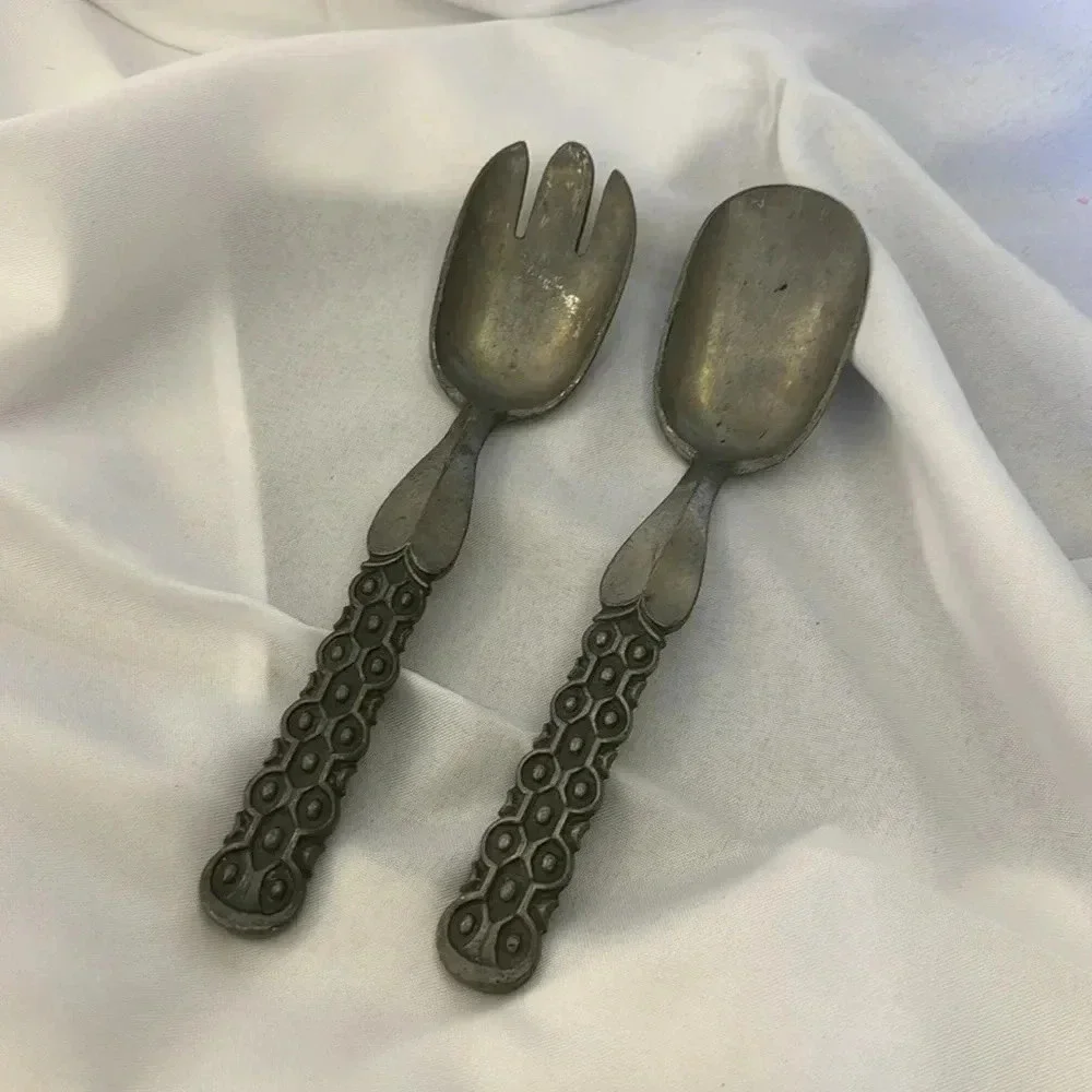 MID-CENTURY PEWTER SPOON FORK SERVING SET by David-Andersen Guttorm Gagnes 1960s