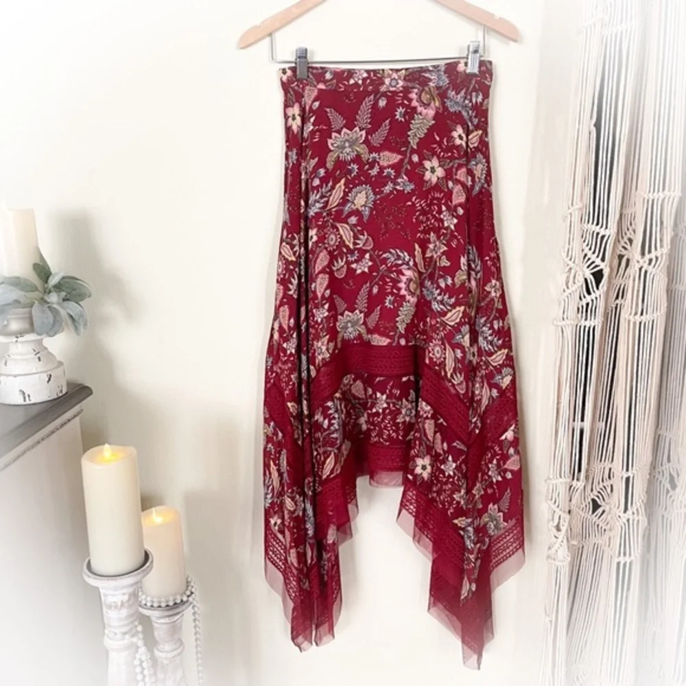 NWT BCBGMaxAzria Gypsy Red Floral High Low Flowy Skirt