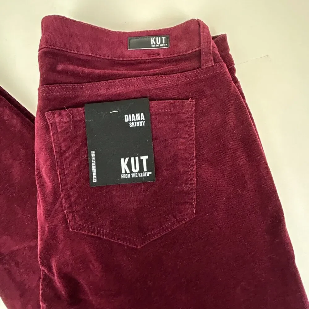 Kut From The Kloth Diana Skinny Corduroy Pants Women's 14W Currant Dark Red NWT