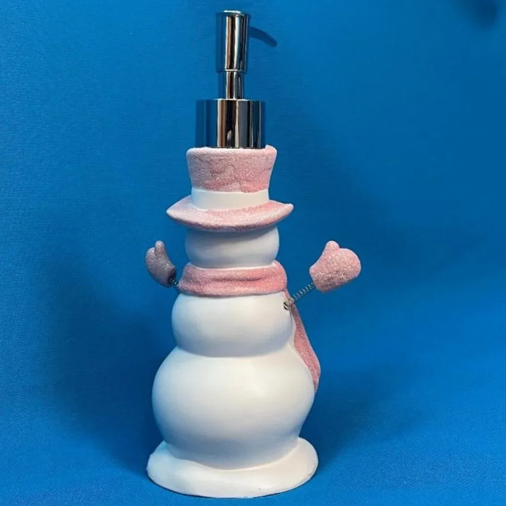 NEW ADORABLE SNOWMAN SOAP / LOTION PUMP DISPENSER WHITE & PINK GLITTER SPARKLE
