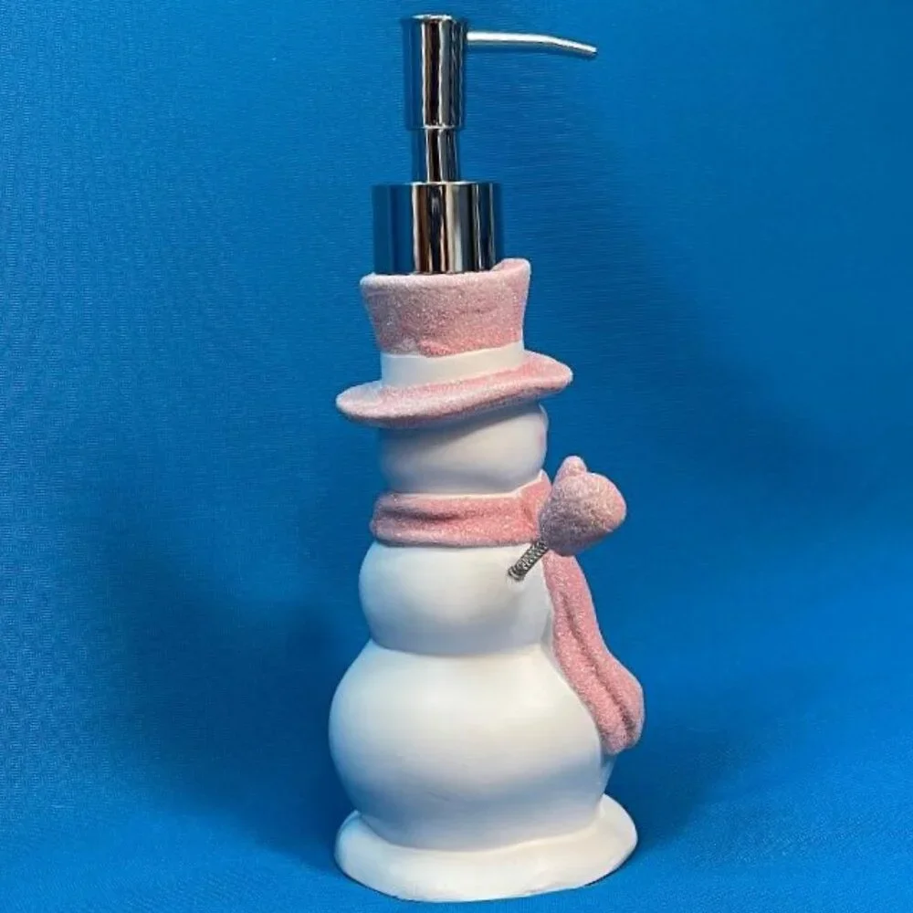 NEW ADORABLE SNOWMAN SOAP / LOTION PUMP DISPENSER WHITE & PINK GLITTER SPARKLE