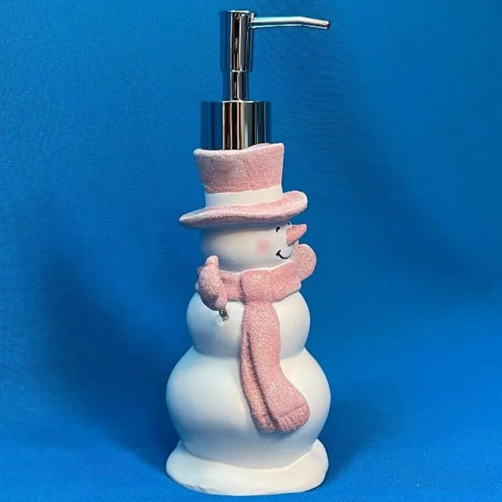 NEW ADORABLE SNOWMAN SOAP / LOTION PUMP DISPENSER WHITE & PINK GLITTER SPARKLE