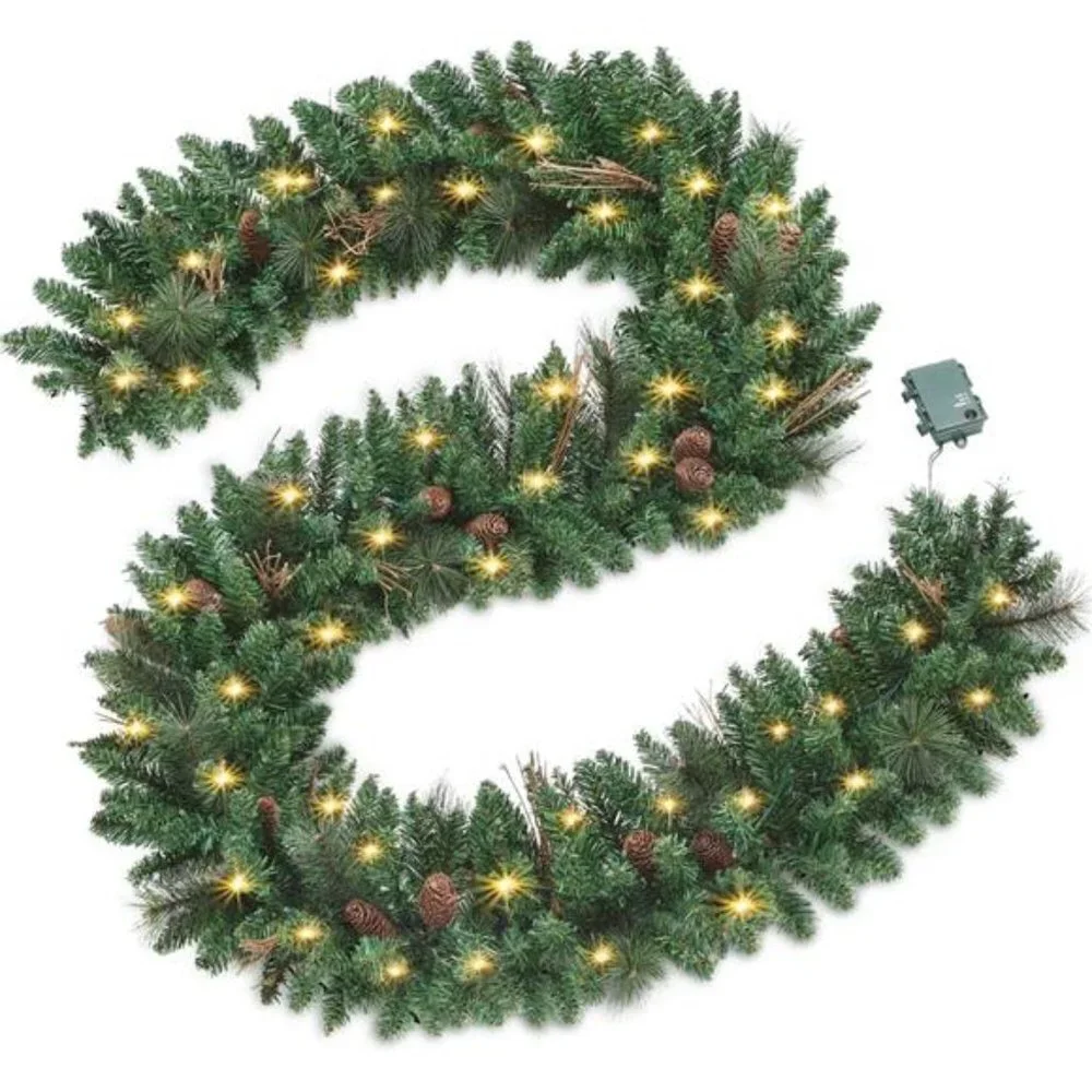 9FT Christmas Garland with Pine Cones, Prelit Christmas Garland Greenery Outdoor