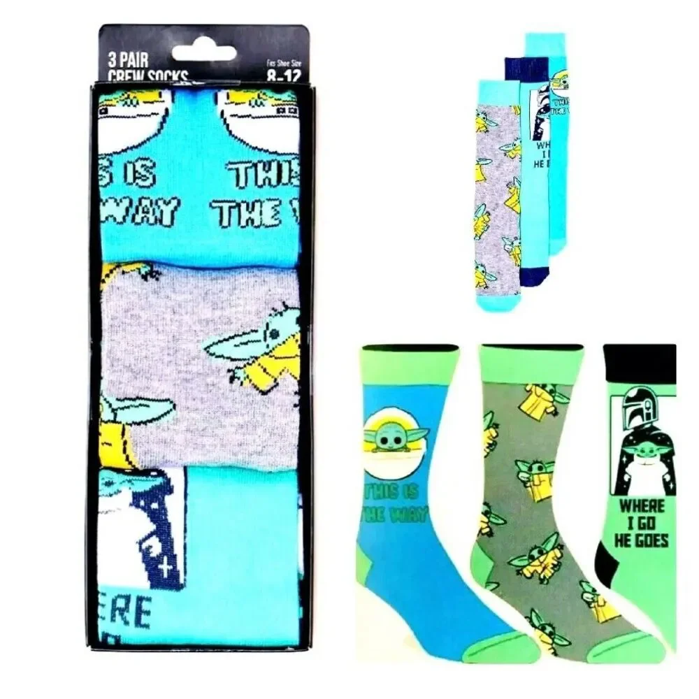 Mandalorian Socks Mens Shoe Size 8 to 12 Green Crew 3 Pair Pack Baby Yoda Grogu