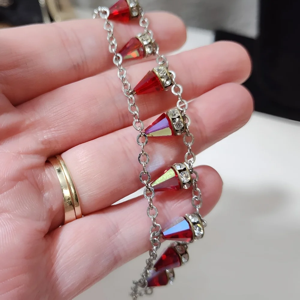 Vintage Sterling Silver RARE Red Siam Aurora Boreale Swarovski Crystal Bracelet