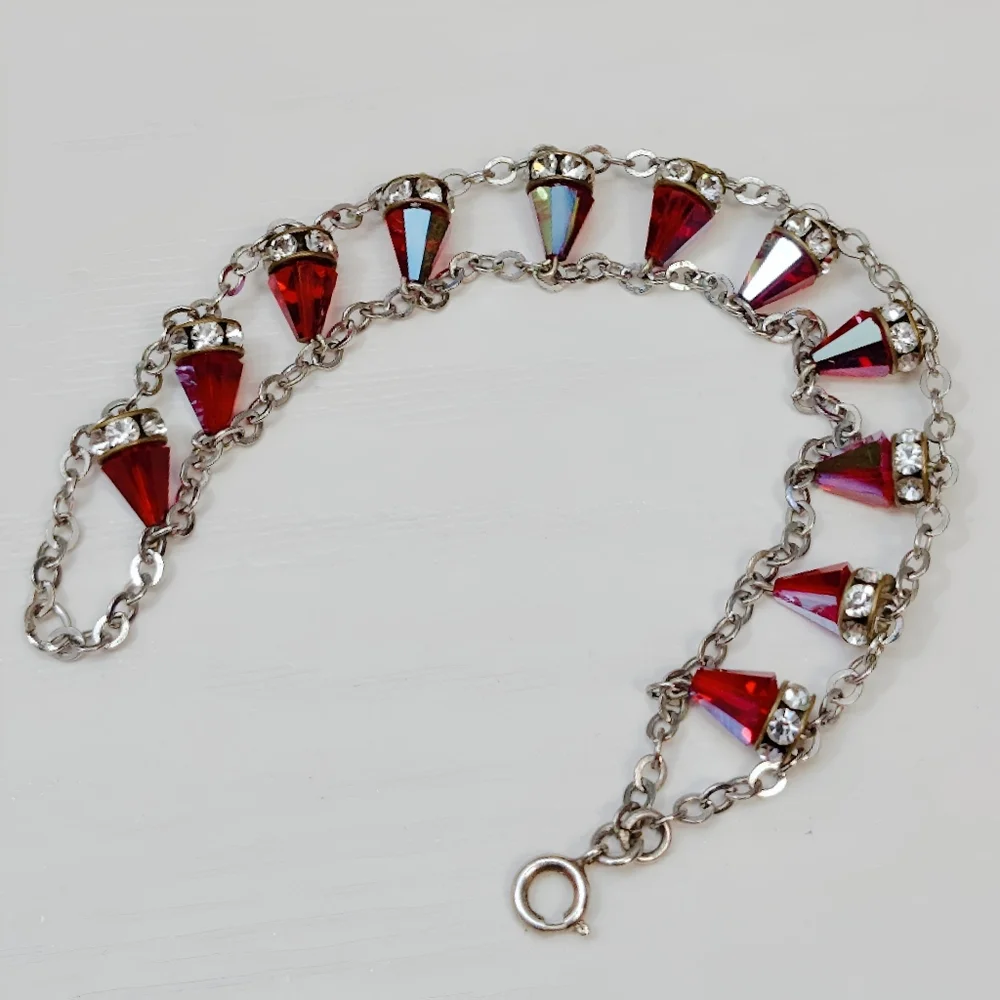 Vintage Sterling Silver RARE Red Siam Aurora Boreale Swarovski Crystal Bracelet