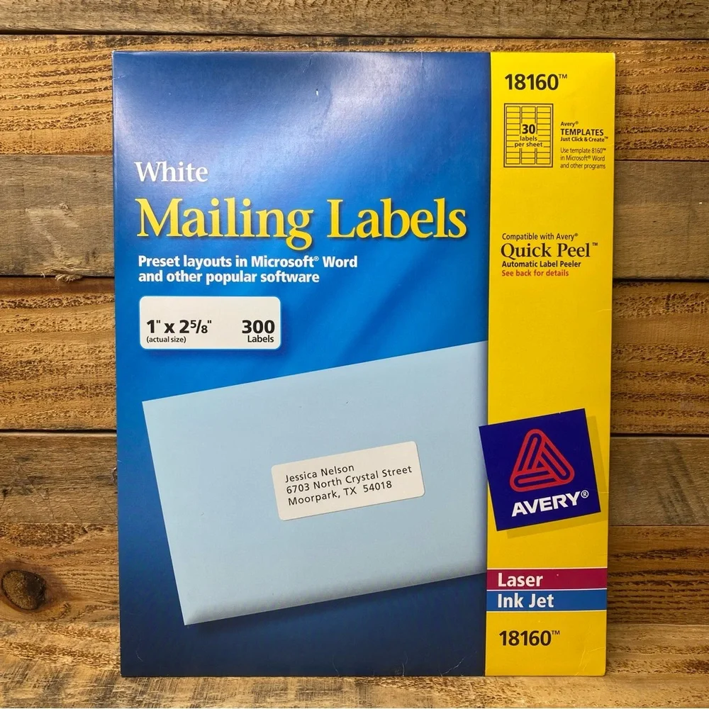 Avery Easy Peel Mailing Address Labels Inkjet 1 x 2 5/8 White 300/Pack 18160