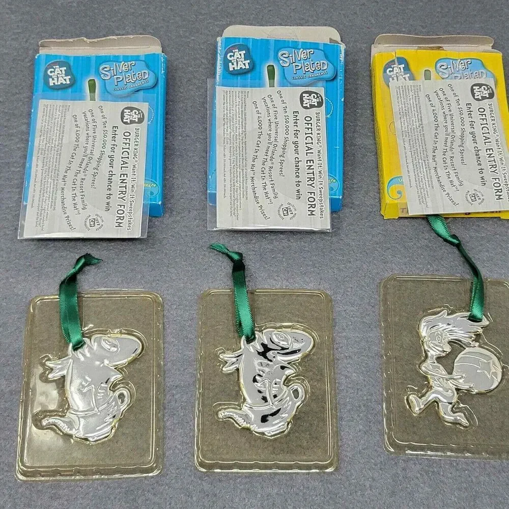 Dr. Suess Cat in the Hat Christmas Ornaments Burger King Silver Plated Set of 3