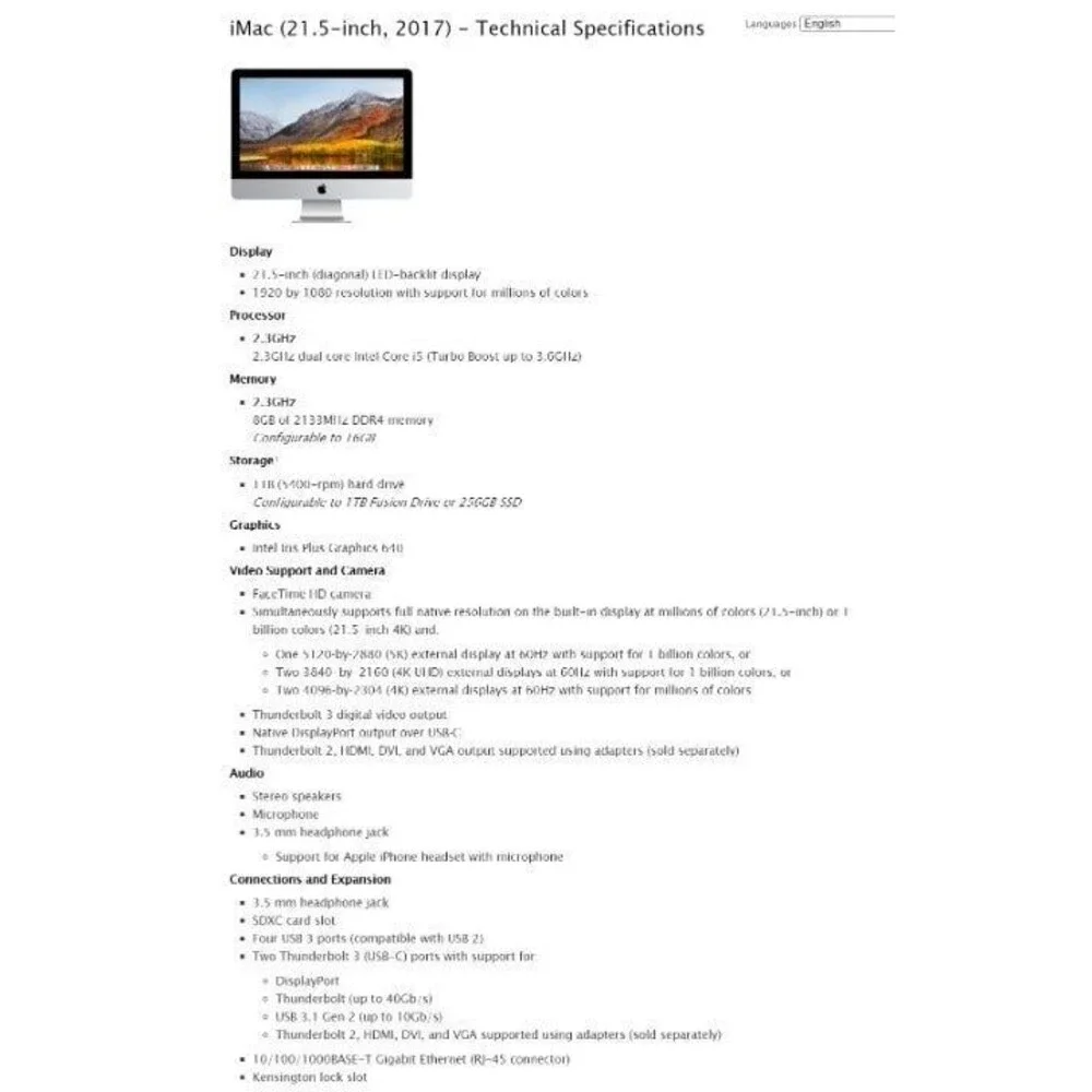 Apple 21.5 Inch All-In-One Imac Computer