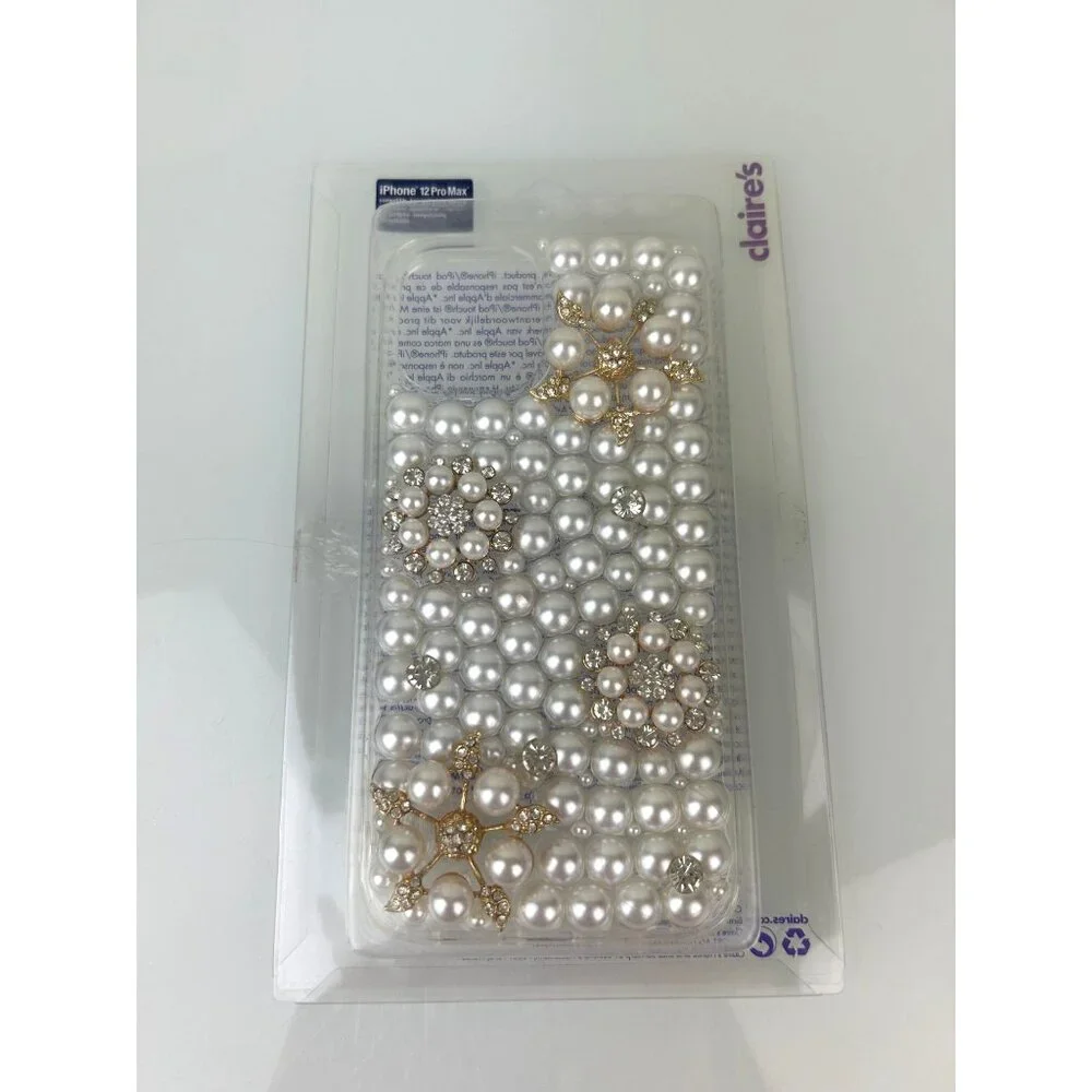 Claire's Iphone 12 ProMax Protective Phone Case White Pearl Rhinestone Floral