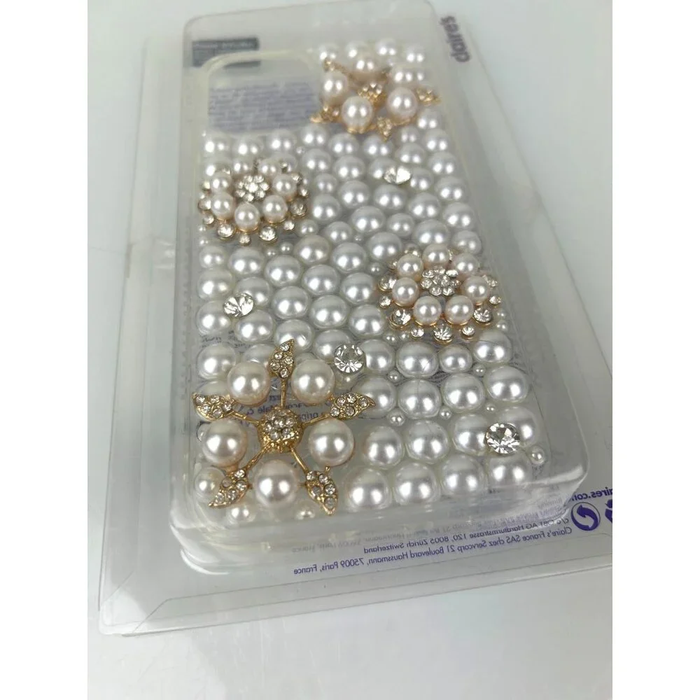 Claire's Iphone 12 ProMax Protective Phone Case White Pearl Rhinestone Floral