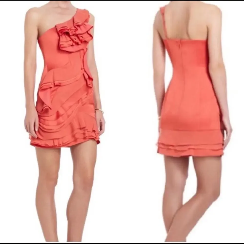 Bcbgmaxazria “ Jonesy” Coral One Shoulder Mini Ruffled Dress Size 4 BNWOT