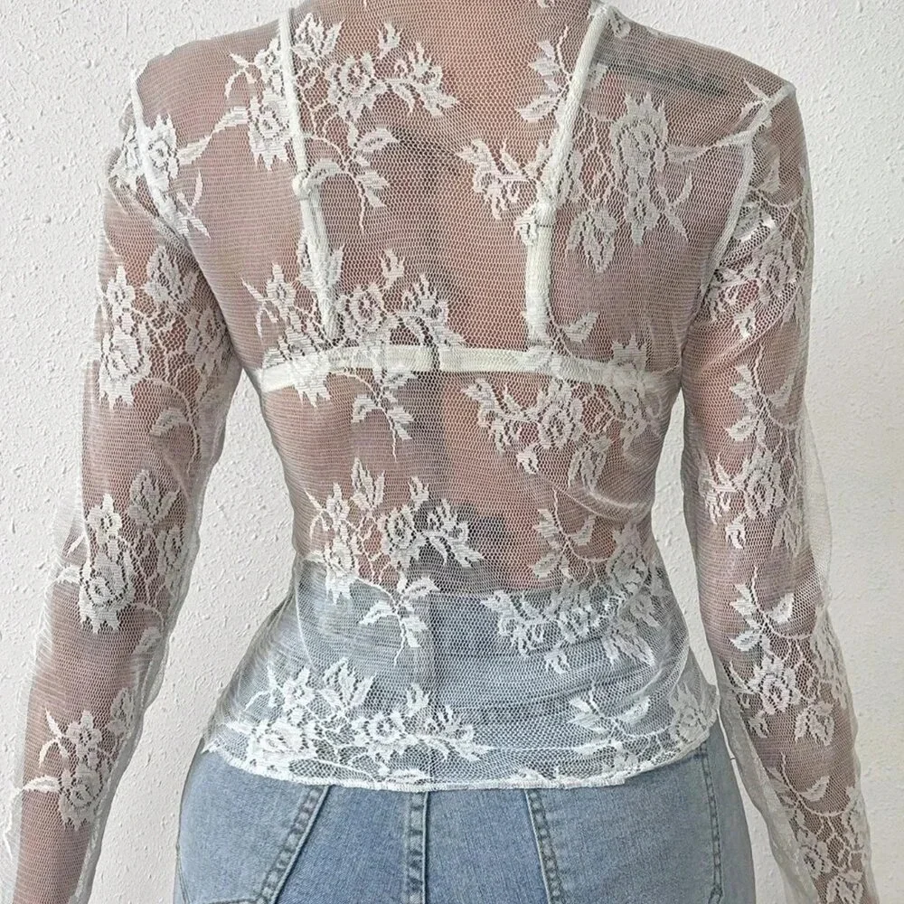 White Sexy Women's Lace Ruffle Hem Sheer Top