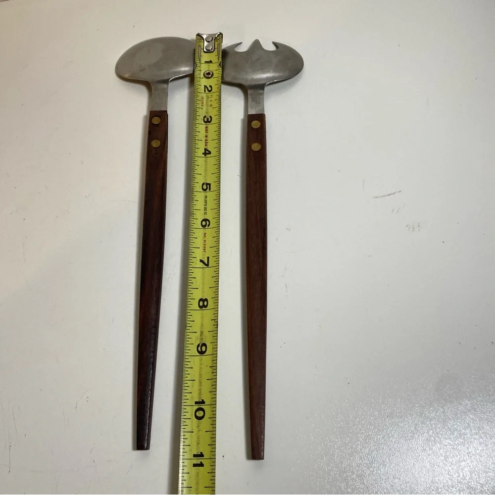Vintage Barlow 1960s Japanese MCM Stainless Wood Salad Server Set 11” Length