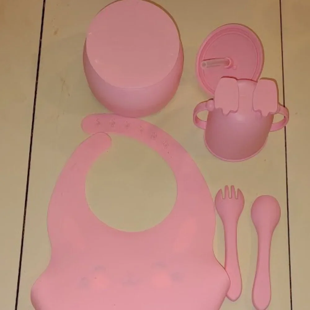 SILICONE, BABY'S FIRST DISHES 6 PIECE SET NEW IN OPEN BOX PINK DISHWASHER SAFE